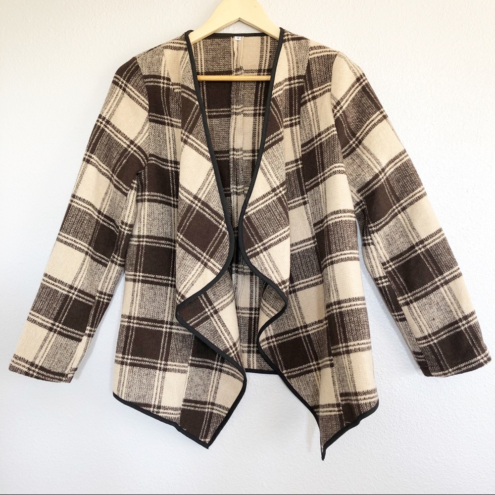 Brown & Cream Beige Plaid Open Front Jacket Medium